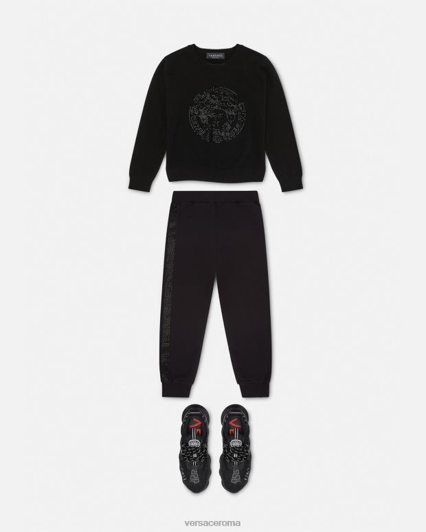 esso Versace bambini Pantaloni della tuta con cristalli Greca nero JT08Z1999 vestiario
