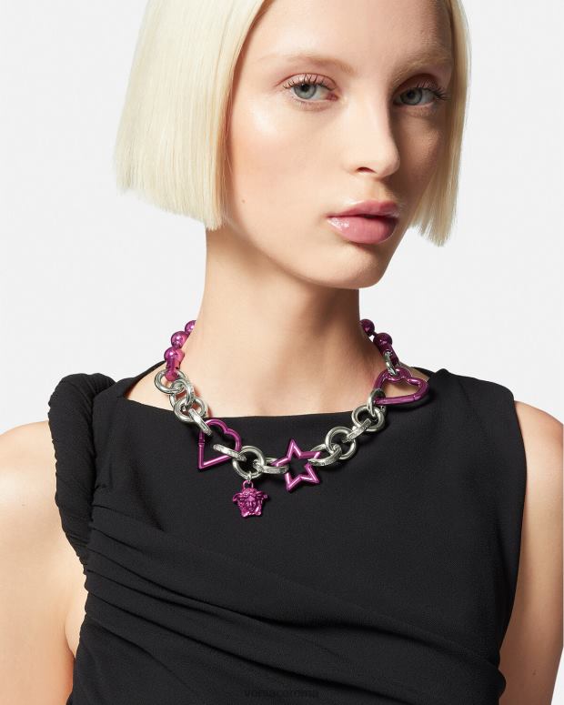 esso Versace donne collana a catena originale argento e fucsia JT08Z828 Accessori