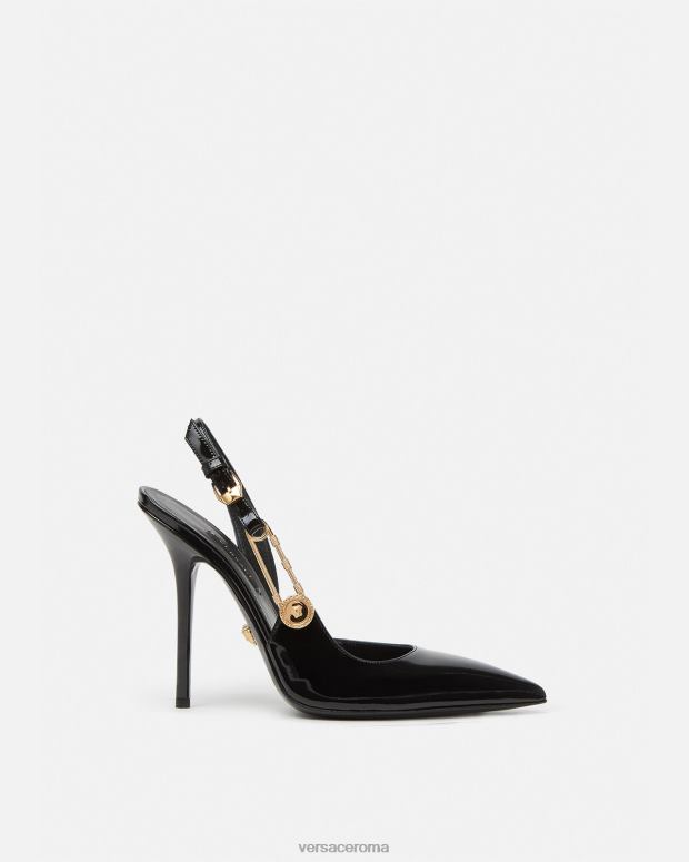 esso Versace donne décolleté sling-back in pelle verniciata con spilla da balia nero JT08Z490 scarpa