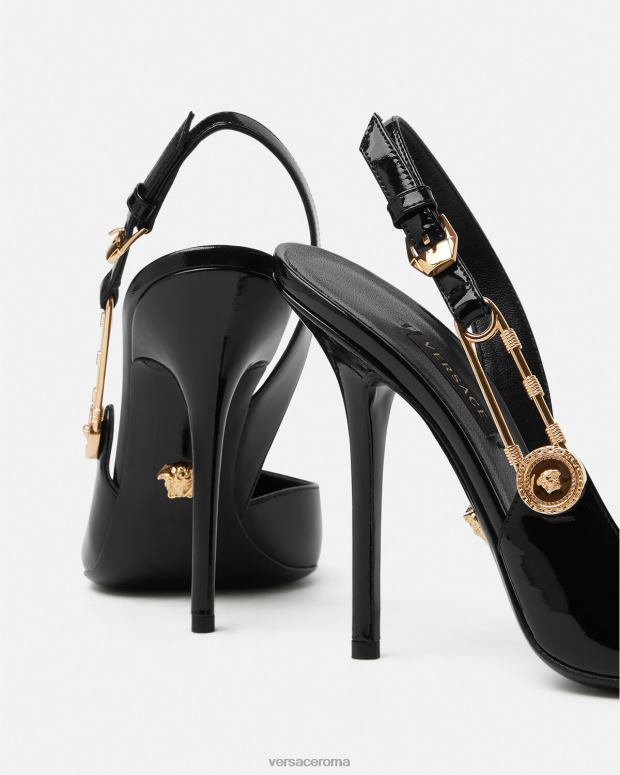 esso Versace donne décolleté sling-back in pelle verniciata con spilla da balia nero JT08Z490 scarpa