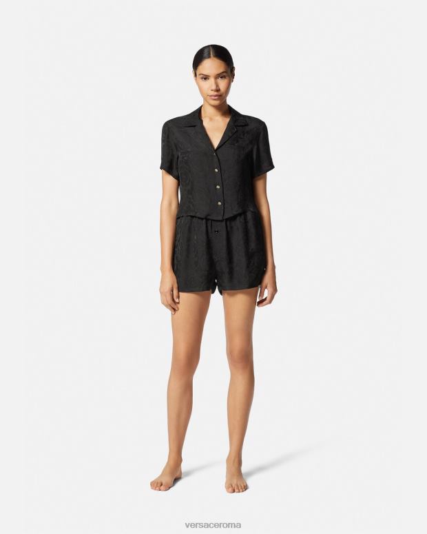 esso Versace donne Top corto da pigiama in jacquard barocco nero e grigio JT08Z1028 biancheria intima e costumi da bagno