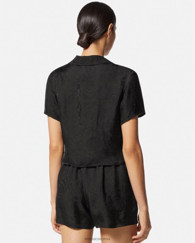 esso Versace donne Top corto da pigiama in jacquard barocco nero e grigio JT08Z1028 biancheria intima e costumi da bagno