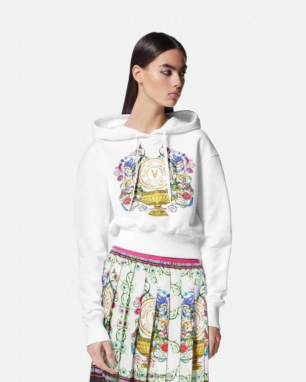 esso Versace donne Felpa con cappuccio da giardino con stemma V oro e bianco JT08Z2232 vestiario