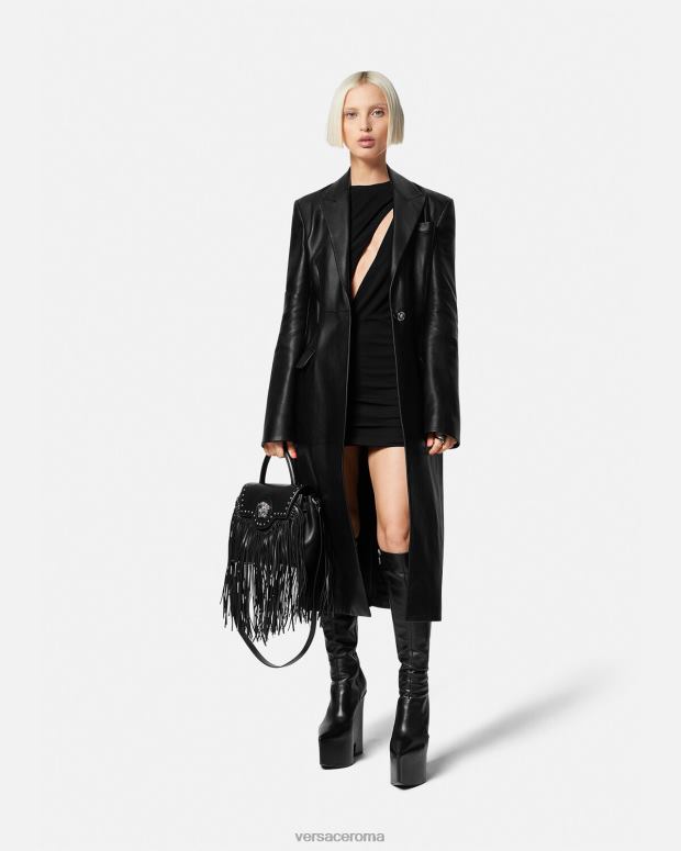 esso Versace donne Cappotto lungo in pelle con medusa nero JT08Z92 vestiario