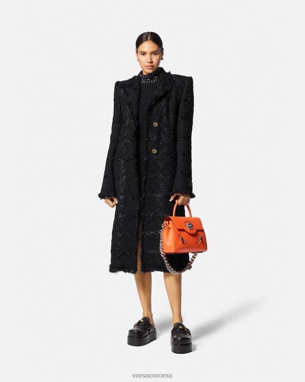 esso Versace donne Cappotto lungo in tweed a spillo nero JT08Z102 vestiario