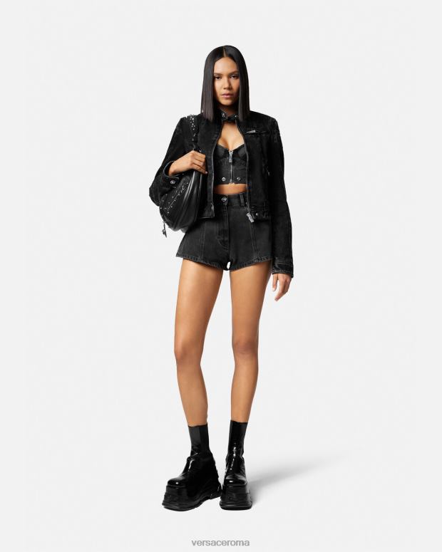 esso Versace donne giacca da motociclista in denim con Medusa nero JT08Z100 vestiario