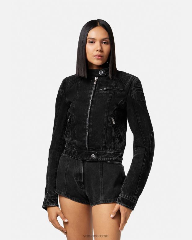 esso Versace donne giacca da motociclista in denim con Medusa nero JT08Z100 vestiario