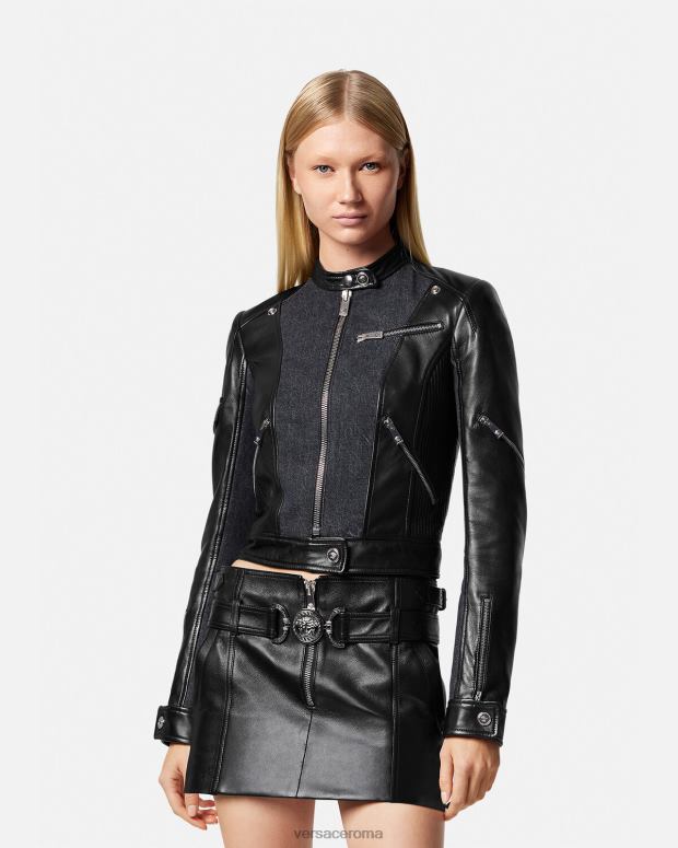 esso Versace donne giacca da motociclista in pelle denim nero JT08Z90 vestiario
