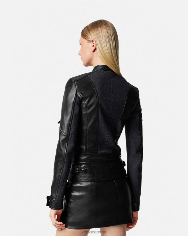 esso Versace donne giacca da motociclista in pelle denim nero JT08Z90 vestiario