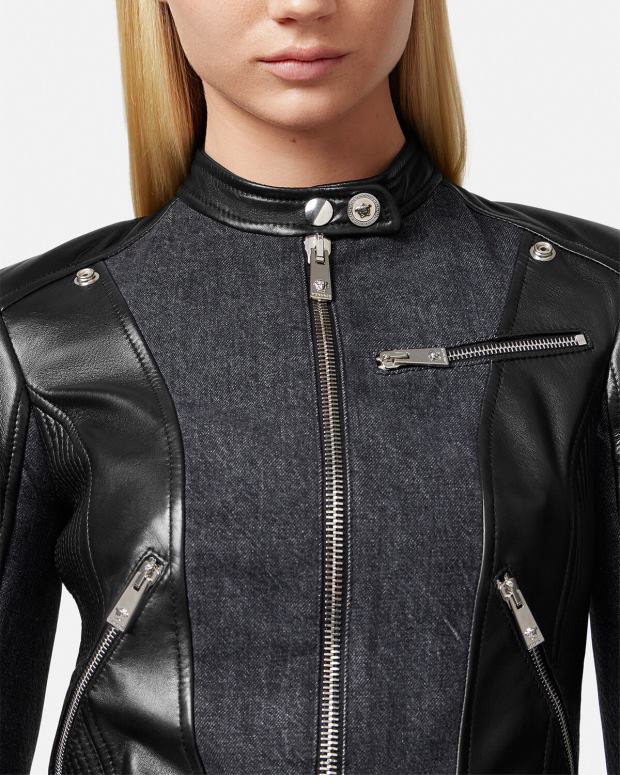 esso Versace donne giacca da motociclista in pelle denim nero JT08Z90 vestiario