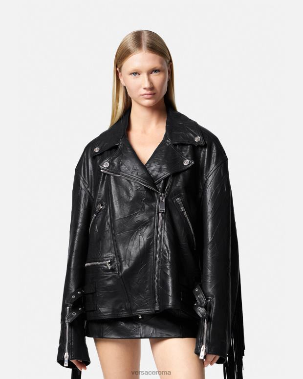 esso Versace donne giacca di pelle con frange nero JT08Z101 vestiario