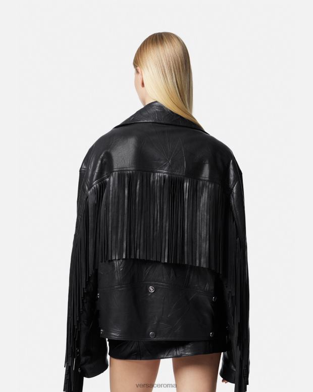 esso Versace donne giacca di pelle con frange nero JT08Z101 vestiario