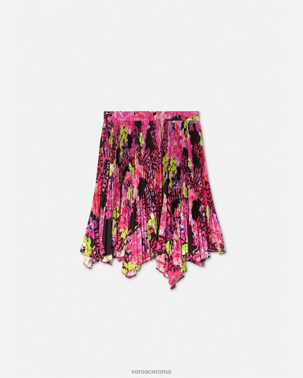 esso Versace donne gonna a pieghe con logo orchidea nero e stampa JT08Z183 vestiario