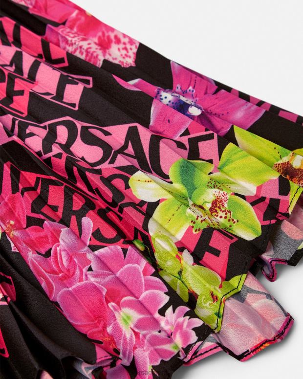 esso Versace donne gonna a pieghe con logo orchidea nero e stampa JT08Z183 vestiario