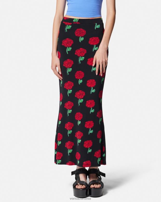 esso Versace donne gonna midi con rose nero JT08Z2180 vestiario