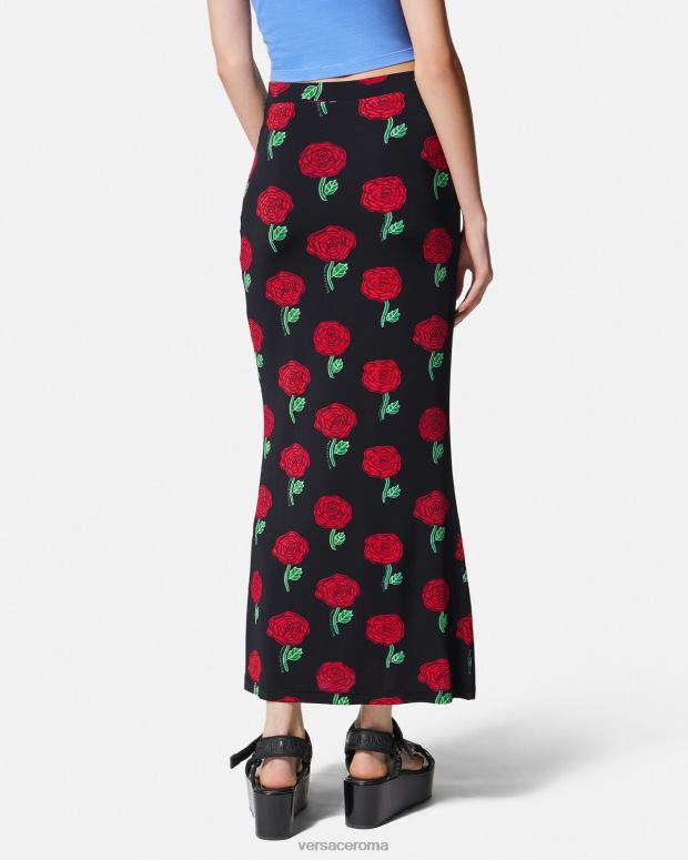 esso Versace donne gonna midi con rose nero JT08Z2180 vestiario