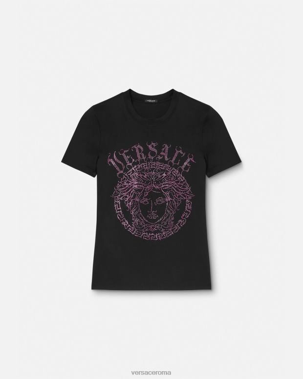 esso Versace donne T-shirt con logo medusa di cristallo nero e rosa JT08Z153 vestiario