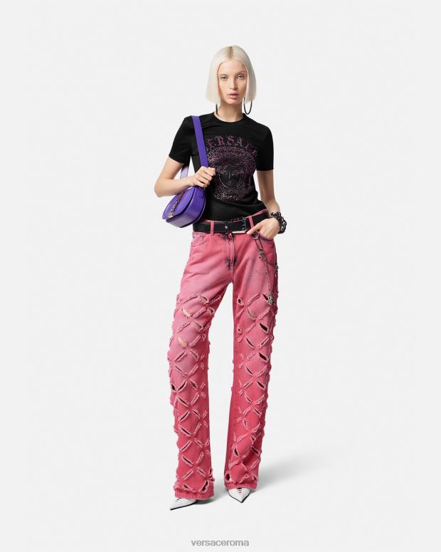 esso Versace donne T-shirt con logo medusa di cristallo nero e rosa JT08Z153 vestiario