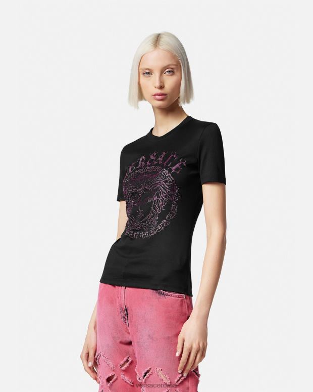 esso Versace donne T-shirt con logo medusa di cristallo nero e rosa JT08Z153 vestiario