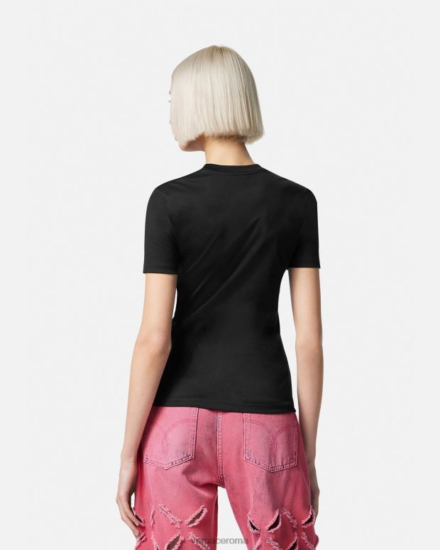 esso Versace donne T-shirt con logo medusa di cristallo nero e rosa JT08Z153 vestiario