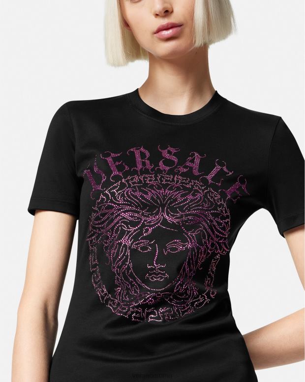 esso Versace donne T-shirt con logo medusa di cristallo nero e rosa JT08Z153 vestiario