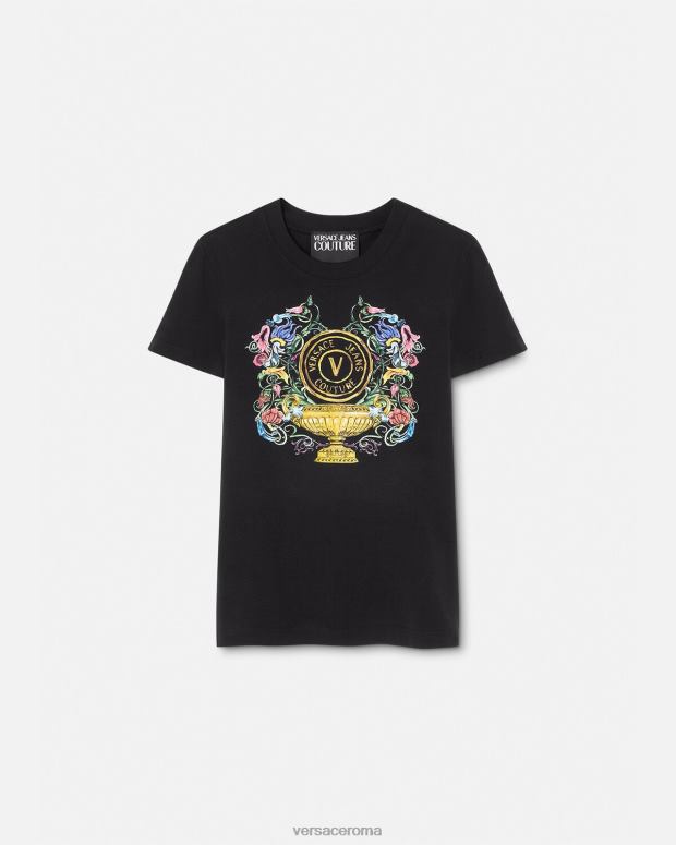 esso Versace donne T-shirt da giardino con emblema V oro nero JT08Z2231 vestiario