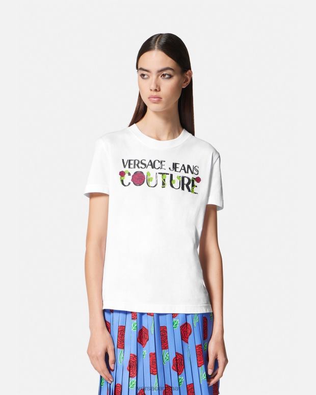 esso Versace donne maglietta con logo di rose bianco JT08Z2169 vestiario