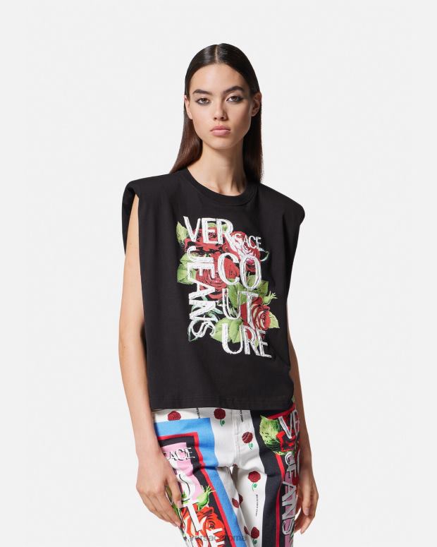 esso Versace donne maglietta con logo di rose nero JT08Z2174 vestiario