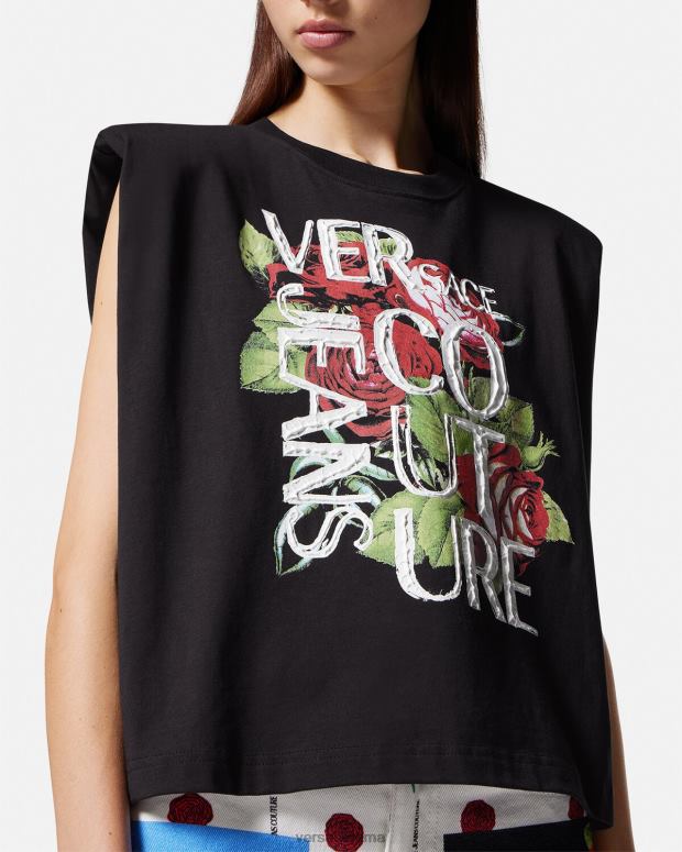 esso Versace donne maglietta con logo di rose nero JT08Z2174 vestiario
