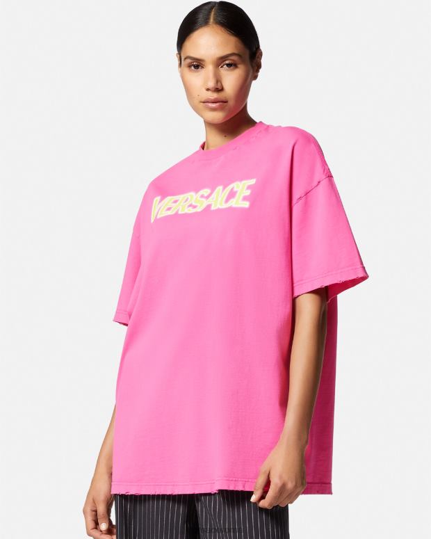 esso Versace donne maglietta con logo invecchiato rosa JT08Z152 vestiario