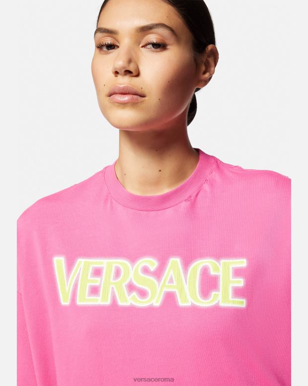 esso Versace donne maglietta con logo invecchiato rosa JT08Z152 vestiario
