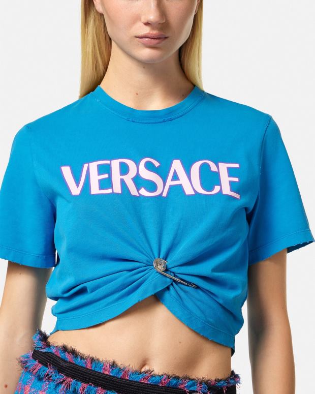 esso Versace donne maglietta con logo spilla da balia blu JT08Z140 vestiario