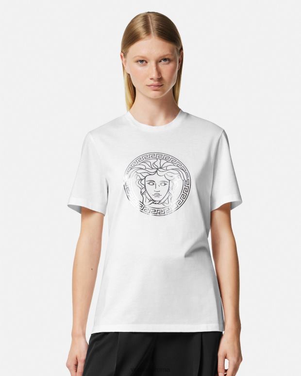 esso Versace donne maglietta con medusa bianco e argento JT08Z128 vestiario