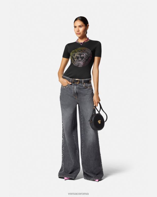 esso Versace donne maglietta con medusa di cristallo nero JT08Z141 vestiario