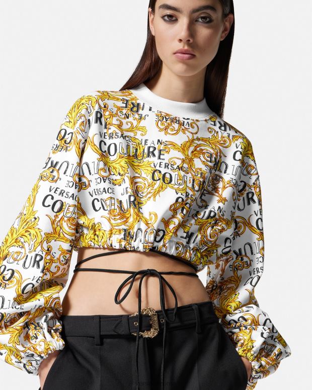 esso Versace donne felpa corta con logo couture oro e bianco JT08Z2225 vestiario