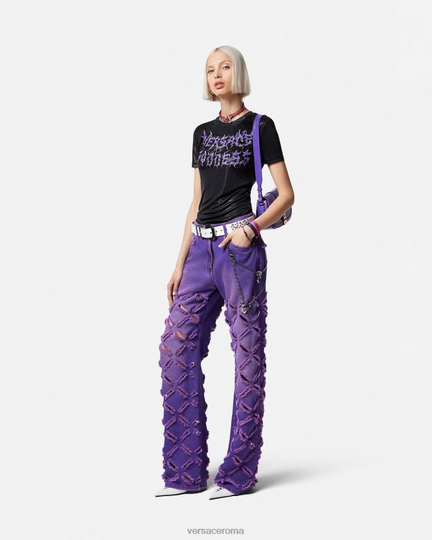 esso Versace donne jeans con medusa tagliati Viola JT08Z207 vestiario