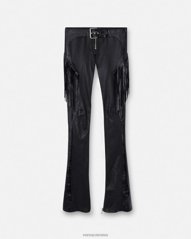esso Versace donne pantaloni di pelle con frange nero JT08Z223 vestiario