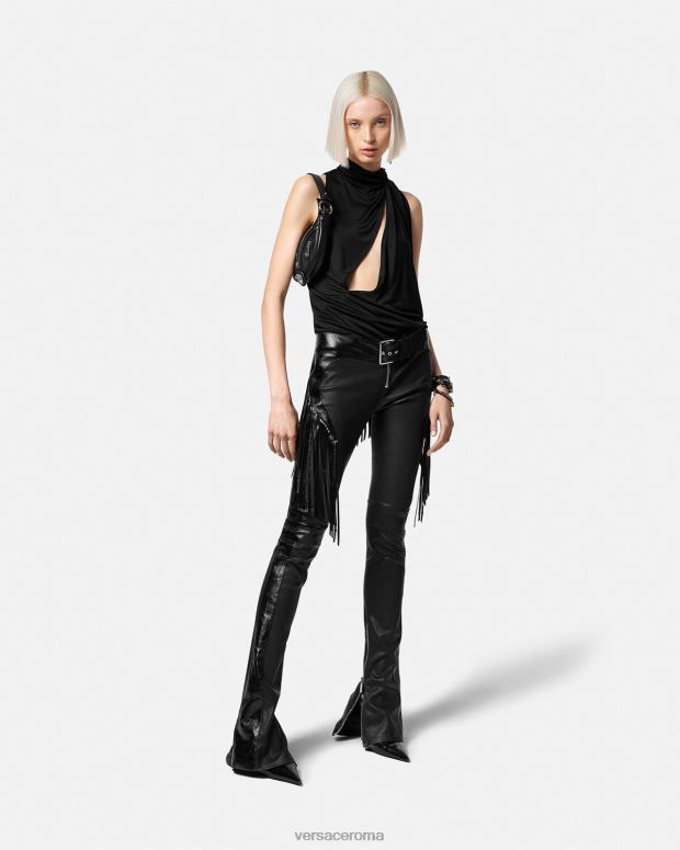 esso Versace donne pantaloni di pelle con frange nero JT08Z223 vestiario