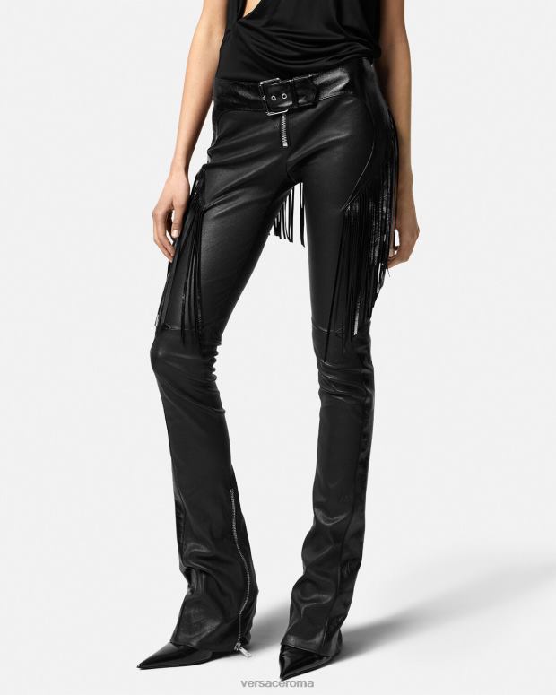 esso Versace donne pantaloni di pelle con frange nero JT08Z223 vestiario
