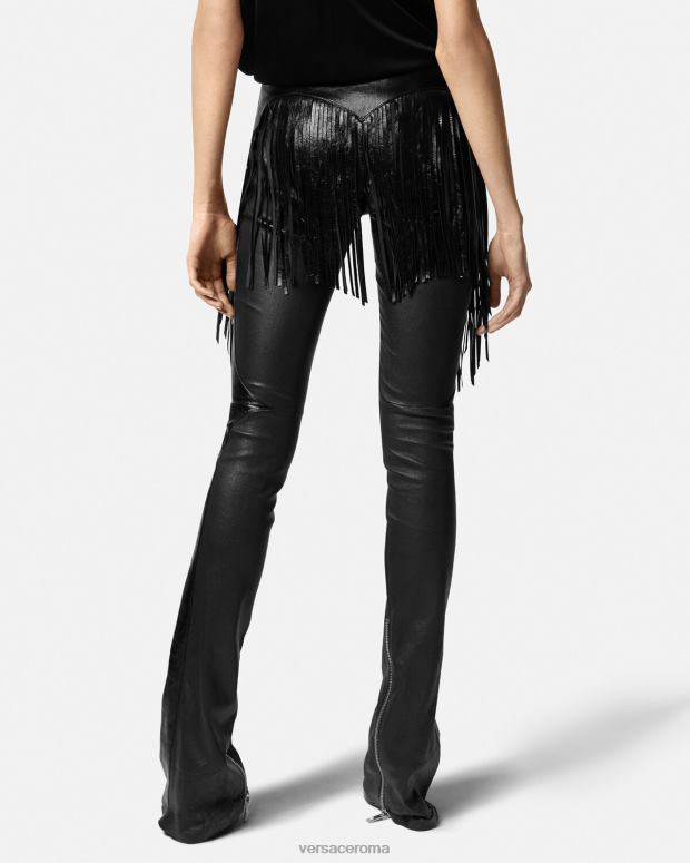 esso Versace donne pantaloni di pelle con frange nero JT08Z223 vestiario