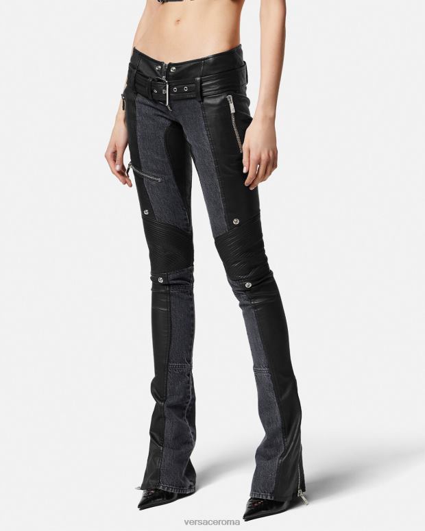 esso Versace donne pantaloni di pelle denim nero JT08Z224 vestiario