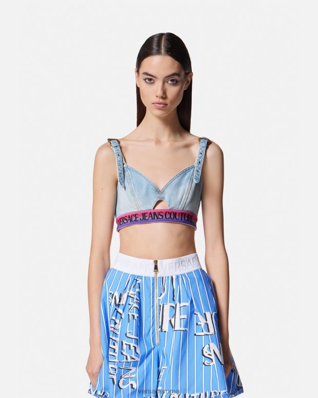esso Versace donne top corto in denim con logo blu JT08Z2200 vestiario