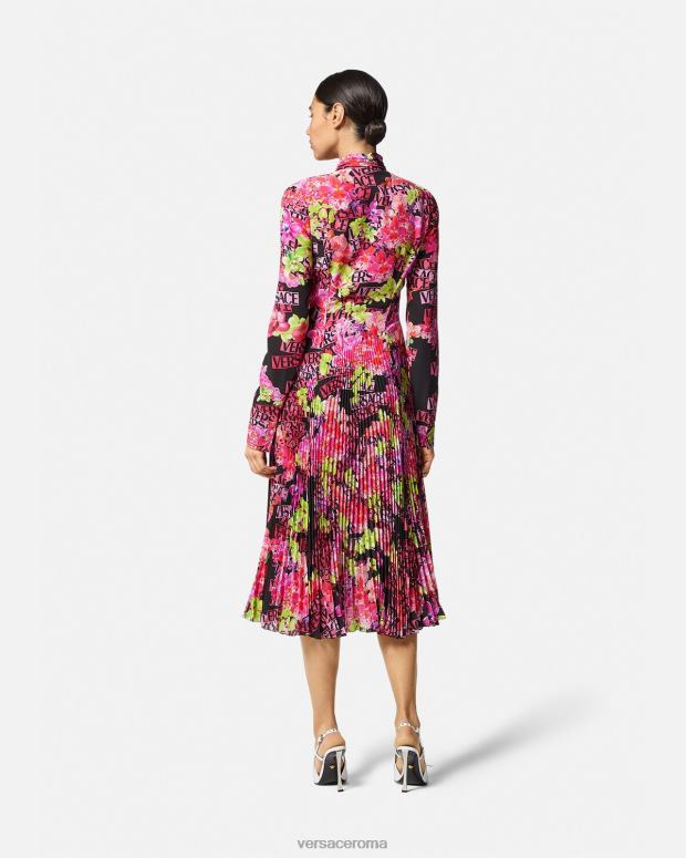 esso Versace donne Abito chemisier midi con logo orchidea nero e stampa JT08Z68 vestiario