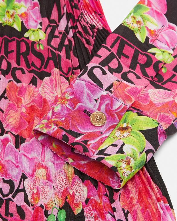 esso Versace donne Abito chemisier midi con logo orchidea nero e stampa JT08Z68 vestiario