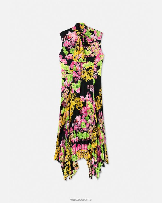 esso Versace donne Abito chemisier midi con logo orchidea nero e stampa JT08Z69 vestiario