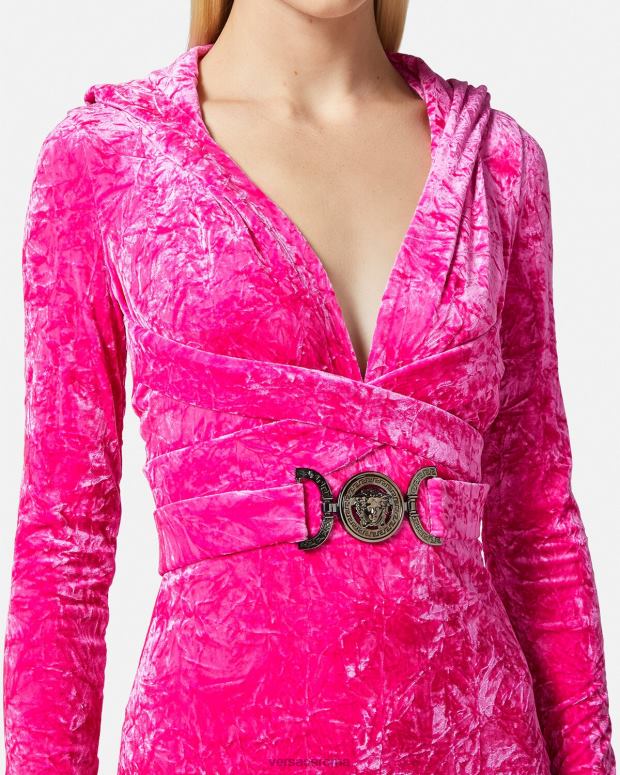 esso Versace donne Abito con cappuccio in velluto con Medusa del '95 fucsia JT08Z57 vestiario