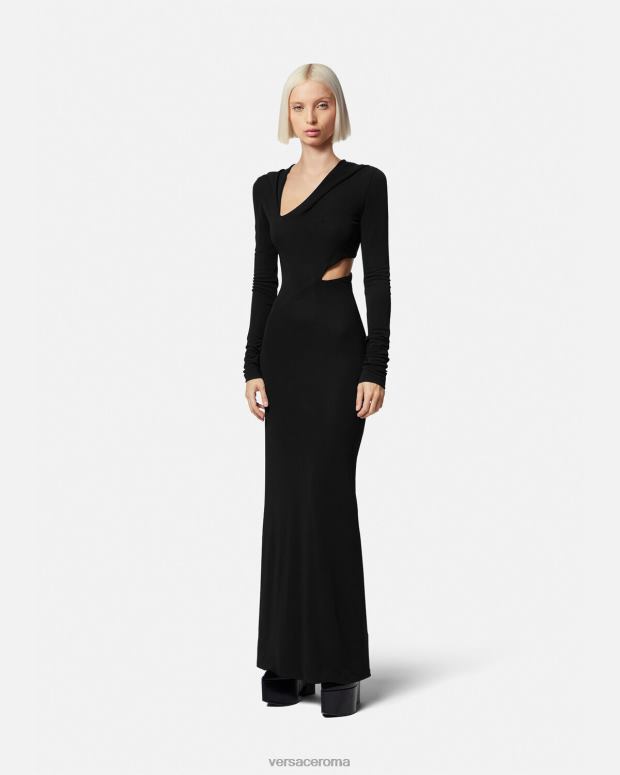 esso Versace donne Abito lungo con cappuccio tagliato nero JT08Z52 vestiario