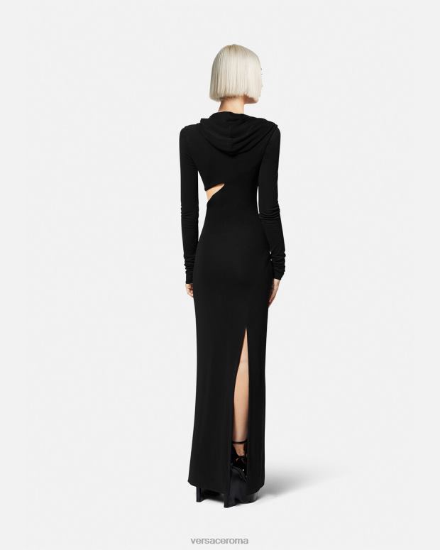 esso Versace donne Abito lungo con cappuccio tagliato nero JT08Z52 vestiario