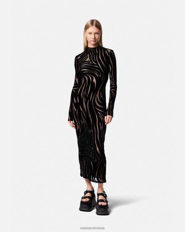 esso Versace donne abito midi in velluto zebrato nero JT08Z72 vestiario
