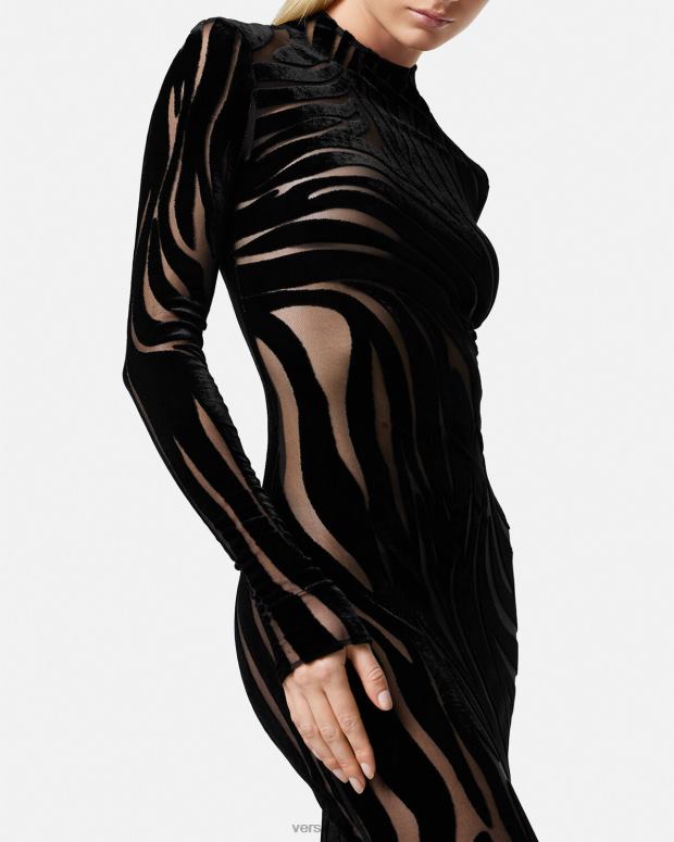 esso Versace donne abito midi in velluto zebrato nero JT08Z72 vestiario